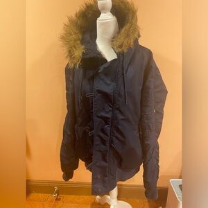 Men's Dark Blue Hooded Puffer Jacket with Fur Trim